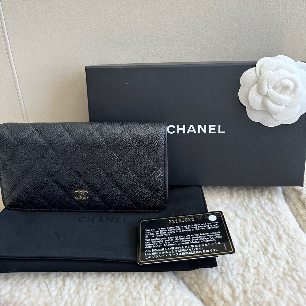 Chanel Black Classic Caviar Quilted Long Yen Wallet Gold Hardware